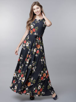 TOKYO TALKIES - Women Navy Blue Printed Maxi Dress with Belt