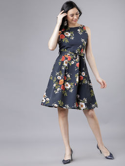 TOKYO TALKIES - Women Black Printed A-Line Dress with Belt