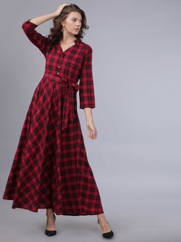 TOKYO TALKIES - Women Red Checked Shirt Dress with Belt