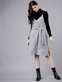 TOKYO TALKIES - Women Grey Solid A-Line Dress with Belt