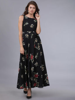 TOKYO TALKIES - Women Black Printed Maxi Dress with Belt