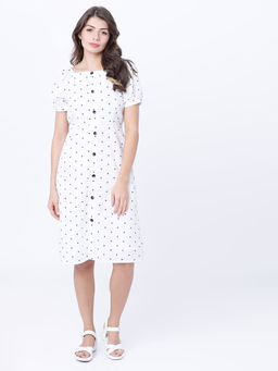 TOKYO TALKIES - Women White Polka Dot Printed A-Line Dress
