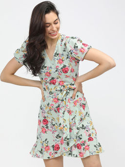 TOKYO TALKIES - Women Green Floral V-Neck Wrap Dress with Belt