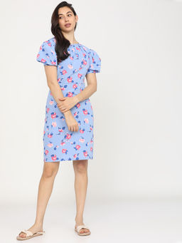 TOKYO TALKIES - Women Blue Floral Round Neck Sheath Dress