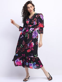 TOKYO TALKIES - Women Black Floral V-Neck Empire Dress