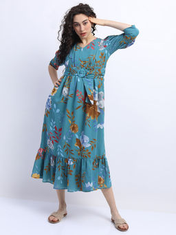TOKYO TALKIES - Women Blue Floral V-Neck Empire Dress