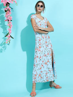 TOKYO TALKIES - Women Light Blue Sweetheart Neck Printed Maxi Dress