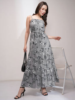 TOKYO TALKIES - Women Grey Printed Maxi Dress with Belt