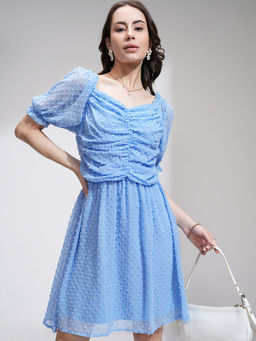 TOKYO TALKIES - Women Blue Self Design Ruched Dress