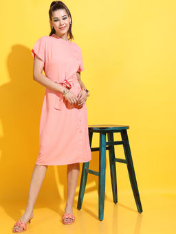 TOKYO TALKIES - Women Peach Solid Midi Dress with Belt