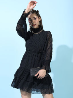 TOKYO TALKIES - Women Black Self Design Dress with Belt