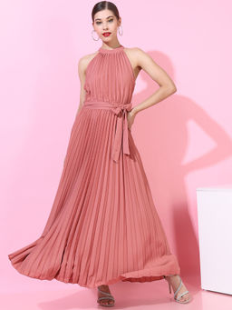 TOKYO TALKIES - Women Halter Neck Pleated Maxi Dress with Belt
