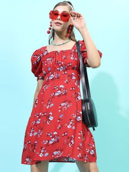 TOKYO TALKIES - Women Red Tie Up Floral Dress