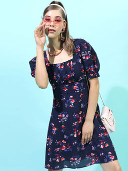 TOKYO TALKIES - Women Navy Blue Tie Up Floral Dress