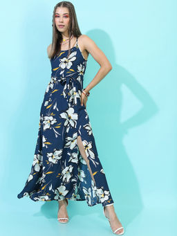 TOKYO TALKIES - Women Navy Blue Floral Maxi Dress with Belt