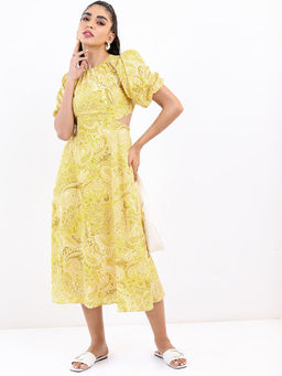 TOKYO TALKIES - Women Yellow Printed Fit And Flare Midi Dress