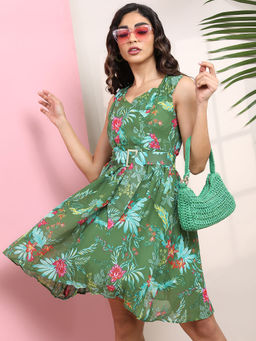 TOKYO TALKIES - Women Green Floral Over Lapping Fit And Flare Dress