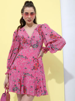 TOKYO TALKIES - Women Pink Cutout Fit And Flare Dress