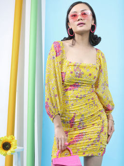 TOKYO TALKIES - Women Yellow Square Neck Floral Printed Sheath Dress
