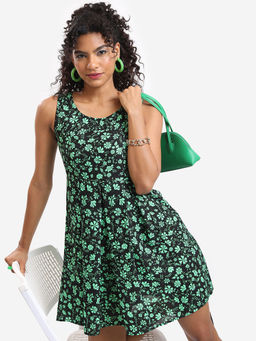 TOKYO TALKIES - Women Black And Green Floral Printed Fit And Flare Dress