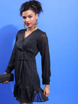 TOKYO TALKIES - Women Black Satin Frill Hem Wrap Dress