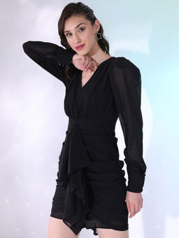 TOKYO TALKIES - Women Black Leg Of Mutton Sleeve Draped Wrap Dress