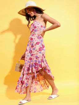 TOKYO TALKIES - Women Floral Printed One Shoulder Cut-Out A-Line Midi Dress