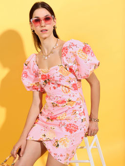 TOKYO TALKIES - Women Floral Printed Sweet Heart Neck Short Dress