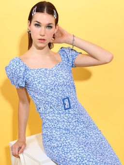 TOKYO TALKIES - Women Blue Sweet Heart Neckline Sheath Dress with Belt