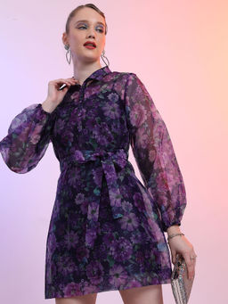 TOKYO TALKIES - Women Purple Fit And Flare Dress with Belt