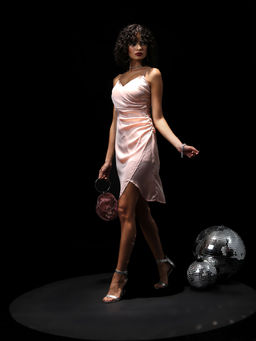 TOKYO TALKIES - Women Peach Satin Short Wrap Strappy Dress