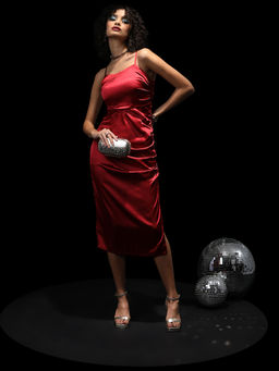 TOKYO TALKIES - Women Red Shoulder Straps Satin Ruched Sheath Dress