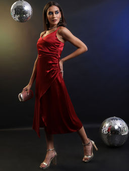 TOKYO TALKIES - Women Ruched Wo Satin Overlapping Strappy Satin Dress