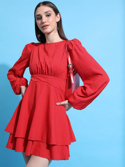 TOKYO TALKIES - Women Red Puffed Sleeves Layered A-Line Dress