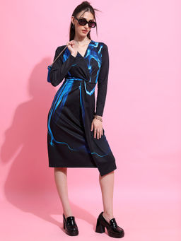 TOKYO TALKIES - Women Black Blue Twist Front Midi Dress