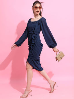 TOKYO TALKIES - Women Navy Blue Square Neck Ruffled Ruched Sheath Dress