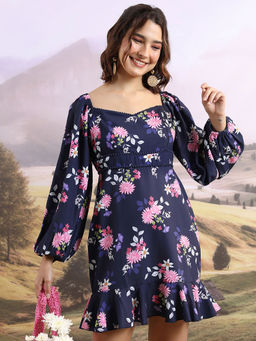 TOKYO TALKIES - Women Navy Blue Cutout Lacy Dress