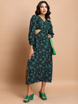 TOKYO TALKIES - Women Black Floral Printed Cut-Out Detailed Puff Sleeves A-Line Dress