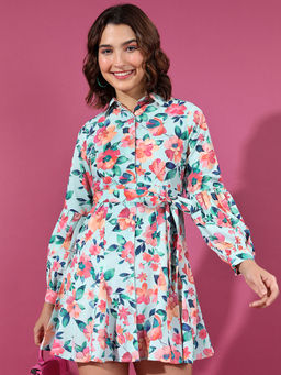 TOKYO TALKIES - Women Floral Printed Puff Sleeves Tie-Ups Shirt Dress