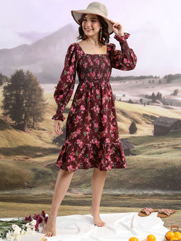 TOKYO TALKIES - Women Maroon Floral Printed Fit And Flare Dress