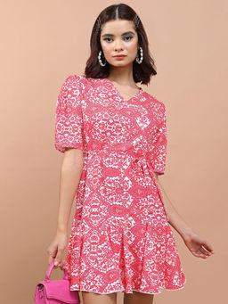 TOKYO TALKIES - Women Fuchsia Floral Print A-Line Dress with Belt
