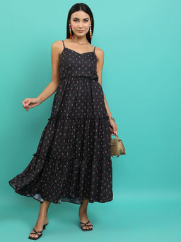 TOKYO TALKIES - Women Black Floral Printed Gathered Tiered Maxi Dress