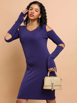 TOKYO TALKIES - Women Navy Blue Cold-Shoulder Cut-Outs Sheath Dress