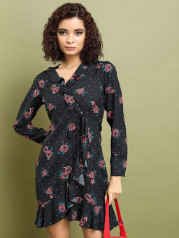 TOKYO TALKIES - Women Black Floral Printed Wrap Dress