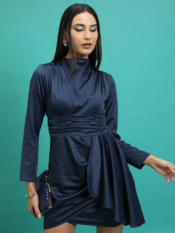 TOKYO TALKIES - Women Navy Blue Satin High Neck Draped Dress