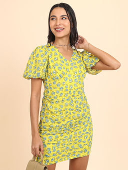 TOKYO TALKIES - Women Yellow Floral Printed Ruched Dress