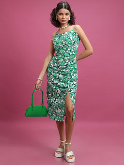 TOKYO TALKIES - Women Green Floral Printed Gathered Ruched A-Line Midi Dress