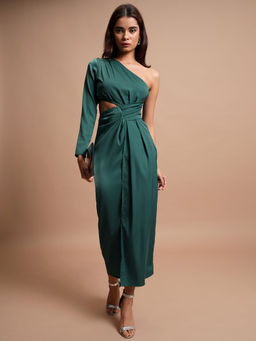 TOKYO TALKIES - Women Green One Shoulder A-Line Midi Dress