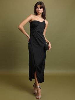 TOKYO TALKIES - Women Black One Shoulder Pleated Wrap Dress