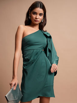 TOKYO TALKIES - Women Green Satin One Shoulder Cape Dress
